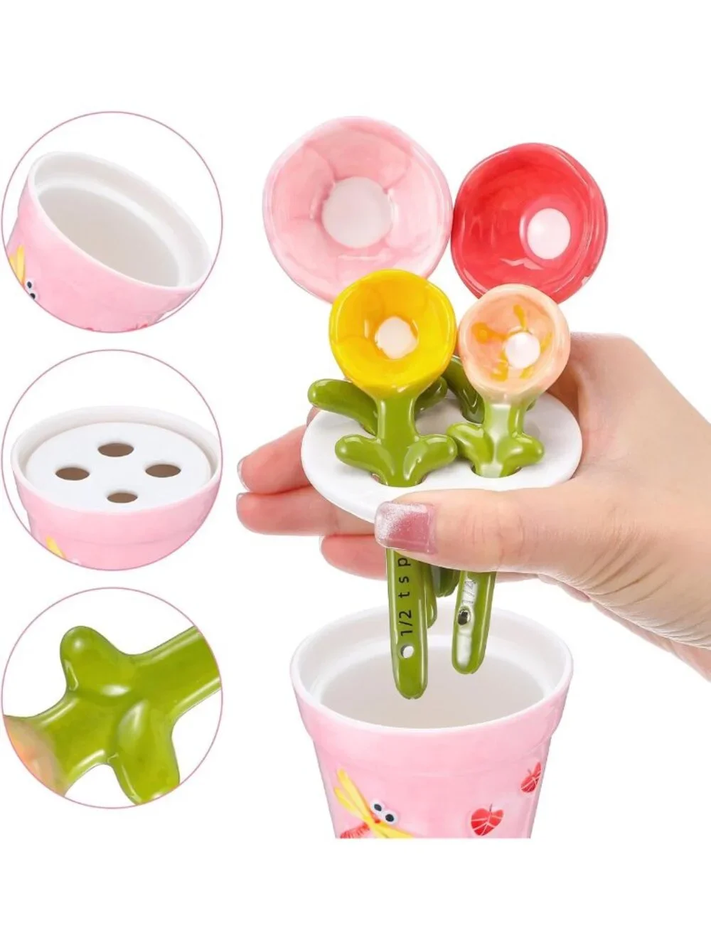 Cute Flower Measuring Spoons Set with Holder - Ceramic Baking Tools for Dry